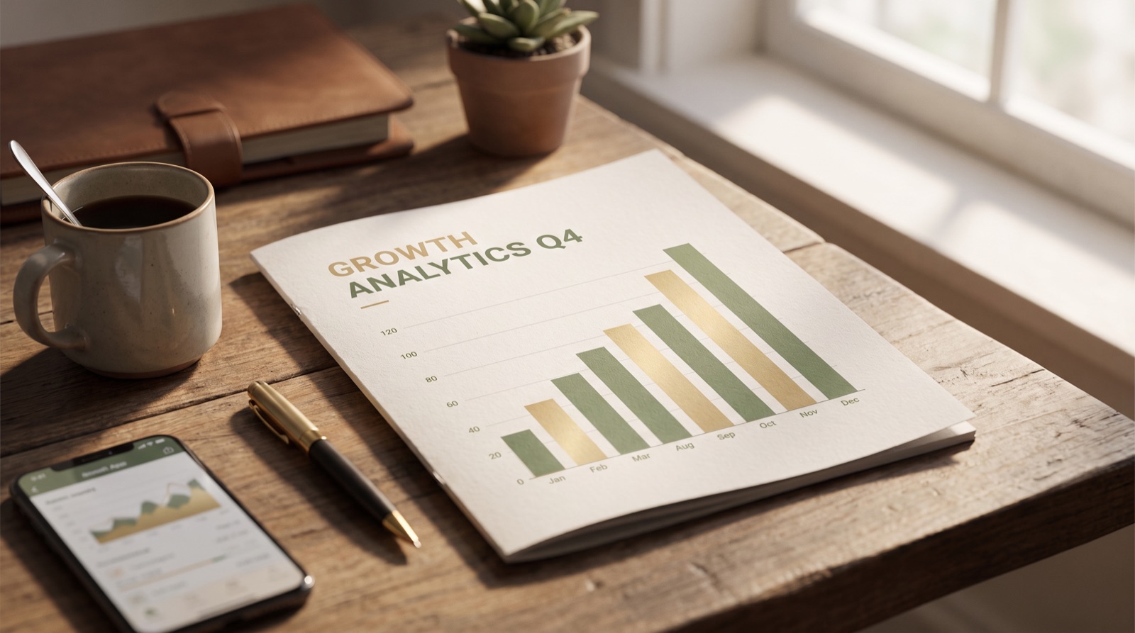 Relatório de análise de crescimento com gráfico de barras sobre mesa de trabalho