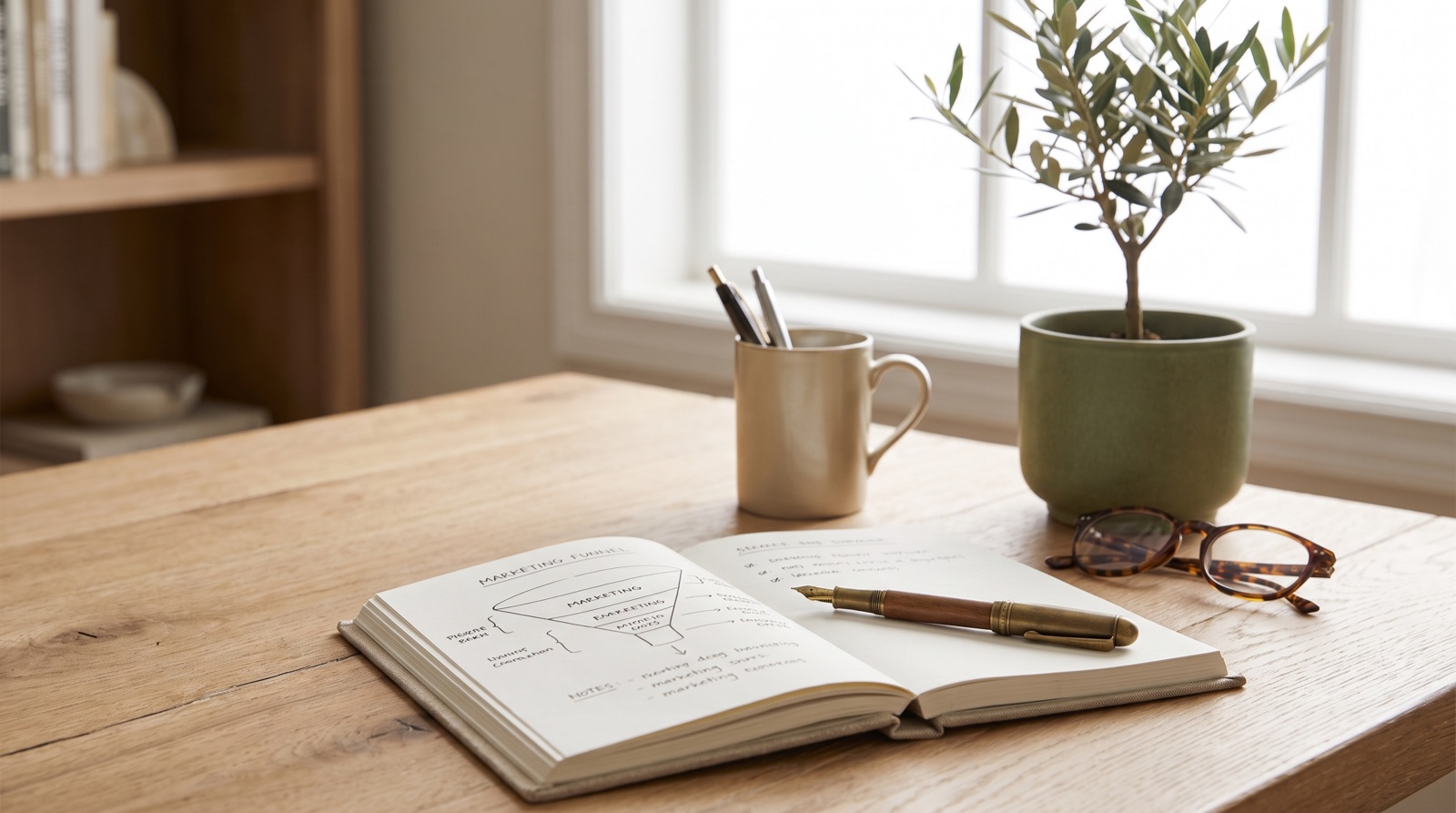 Caderno com o funil do Método CLQ desenhado à mão sobre mesa de trabalho