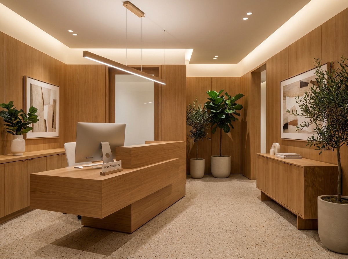 Recepção de clínica médica particular moderna com design premium e iluminação acolhedora